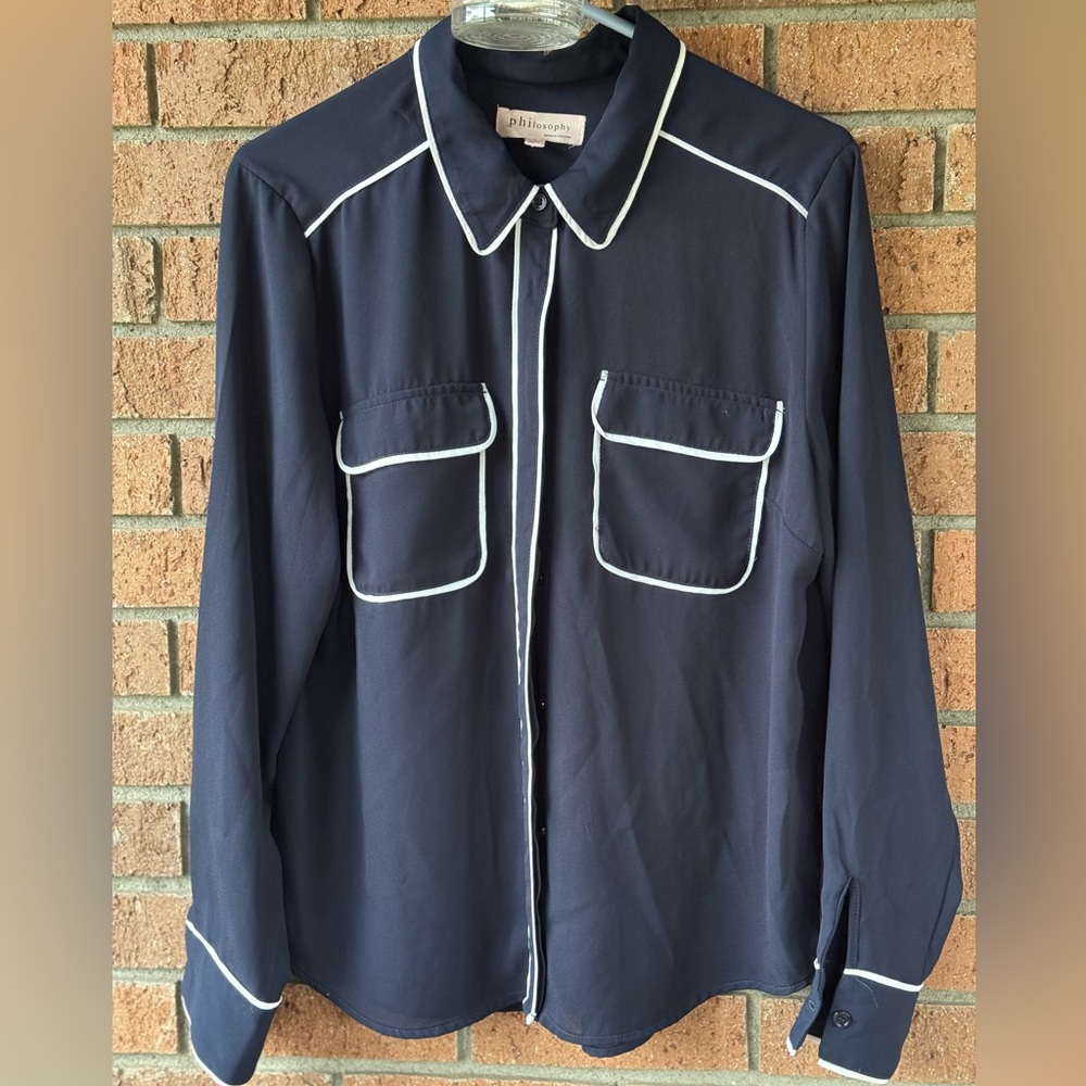 Philosophy Dark Blue Women’s Button Up Shirt, Size Large, Great Condition